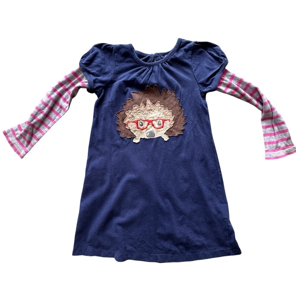 Mini Boden Girls Shirt Dress Size 5-6Y Navy Blue Hedgehog Porcupine Long Sleeve